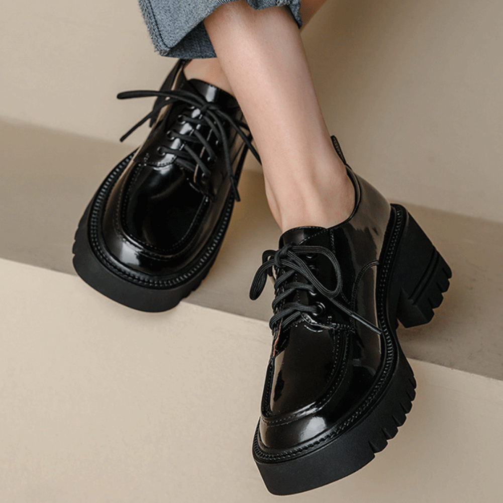 platform black dress shoes BEAU TODAY Women's Chunky Oxfords Platform Leather Lace Up Oxfords Comfort Lug Sole Business Dress Office Shoes, Black / US 6.5 main image 0