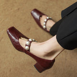 COMFORTABLE PEARL SQUARE TOE MARY JANE HEELS