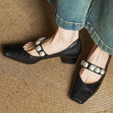 COMFORTABLE PEARL SQUARE TOE MARY JANE HEELS