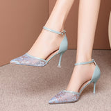 Ladies Pointed Toe Stiletto Heel Flower Lace Sandals Ankle Strap