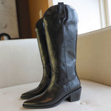 Womens Vintage Pointed Toe Pull On Tall Western Leather Boots with Heel