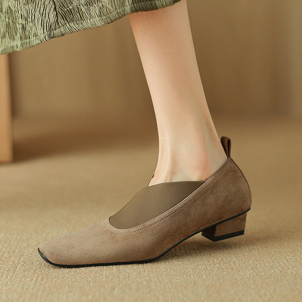 SQUARE TOE CHUNKY HEEL ELASTIC BAND SHOES