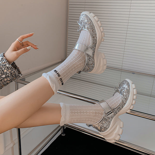 SHINY PLATFORM MARY JANE SNEAKERS WITH BOW TIE