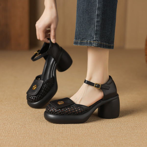 COMFORTABLE T-STRAP CLOSED TOE PLATFORM HEELS SANDALS