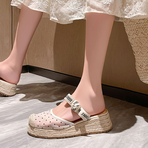 CASUAL WEDGE PLATFORM ESPADRILLE SANDALS WITH BOW TIE