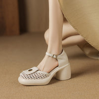 COMFORTABLE T-STRAP CLOSED TOE PLATFORM HEELS SANDALS