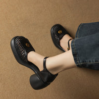 COMFORTABLE T-STRAP CLOSED TOE PLATFORM HEELS SANDALS