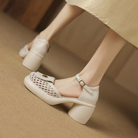 COMFORTABLE T-STRAP CLOSED TOE PLATFORM HEELS SANDALS