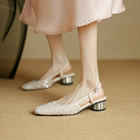 SHINY SQUARE TOE LOW HEEL MARY JANE SANDALS
