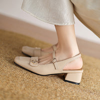 Chunky Heel Square Toe Slingback Court Sandals