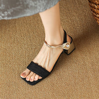 SQUARE TOE CHUNKY HEEL PERAL SANDALS FOR WOMEN