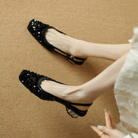SHINY SQUARE TOE LOW HEEL MARY JANE SANDALS