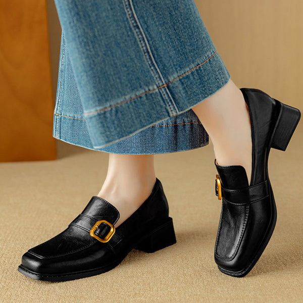 COMFORTABLE ROUND TOE CHUNKY HEEL LOAFERS