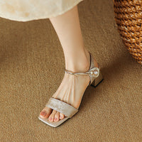 SQUARE TOE CHUNKY HEEL PERAL SANDALS FOR WOMEN
