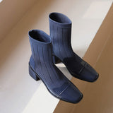 Women's Square Toe Short Knit Elastic Ankle Boots Low Heel