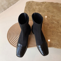 Women's Square Toe Short Knit Elastic Ankle Boots Low Heel