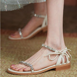 ROUND TOE RHINESTONE FLAT SANDALS