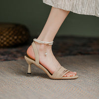 SQUARE TOE SPOOL HEEL PEARL SANDALS