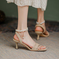 SQUARE TOE SPOOL HEEL PEARL SANDALS