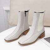 Ladies Square Toe Block Heel Leahter Chelsea Ankle Boots