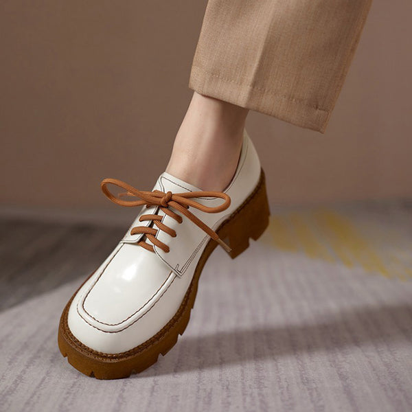 Modern Lace Up Chunky Leather Mid Heel Oxford Shoes
